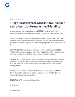 Tunga Hårdrockarna MASTODON Släpper Nytt Album Och Turnerar Med Metallica