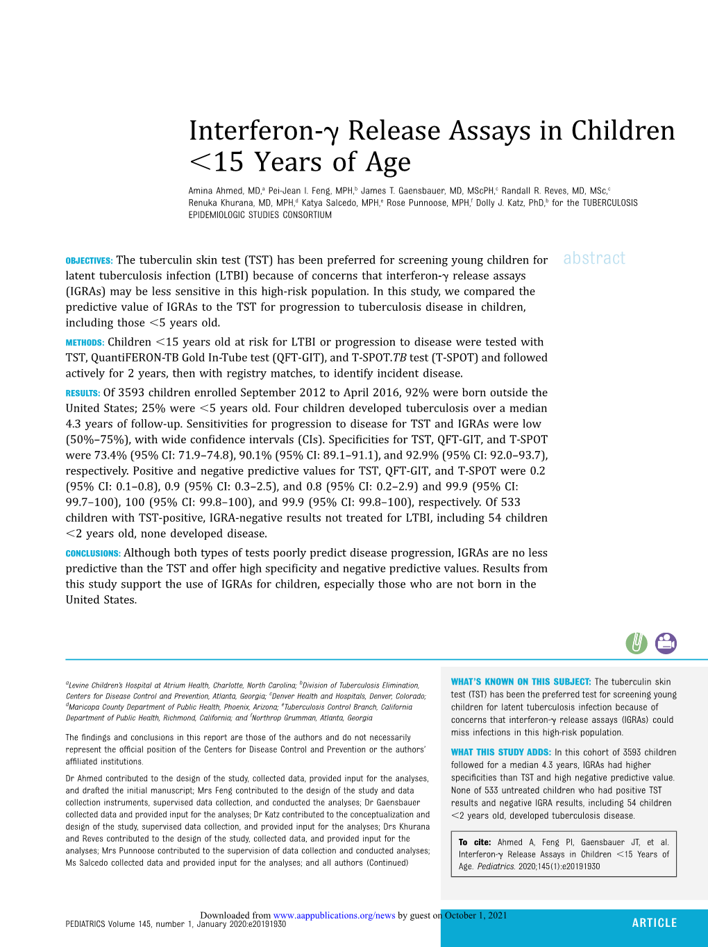 Interferon-G Release Assays in Children ,15 Years of Age Amina Ahmed, MD,A Pei-Jean I