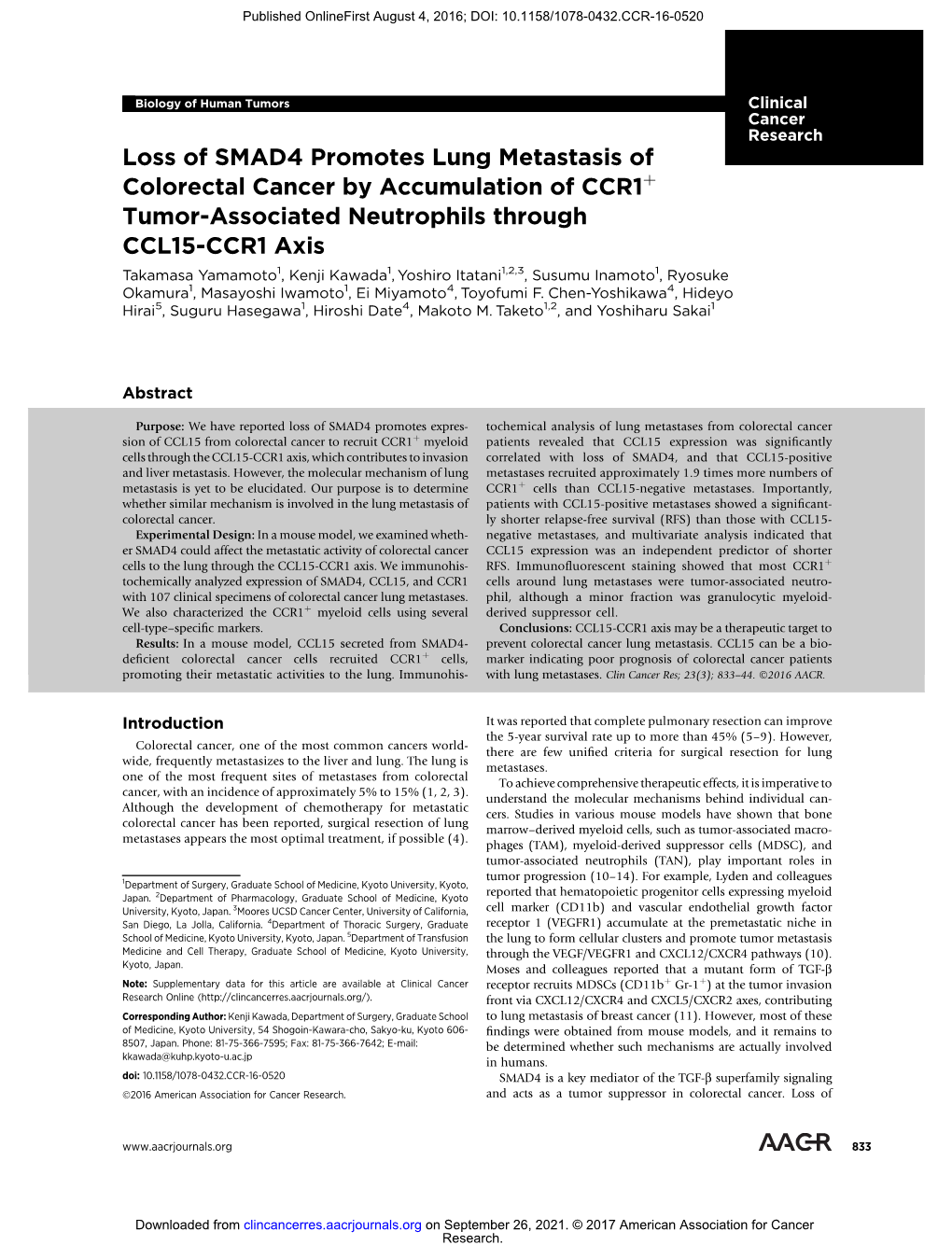 Loss of SMAD4 Promotes Lung Metastasis of Colorectal Cancer by Accumulation of CCR1 Tumor-Associated Neutrophils Through CCL15-C