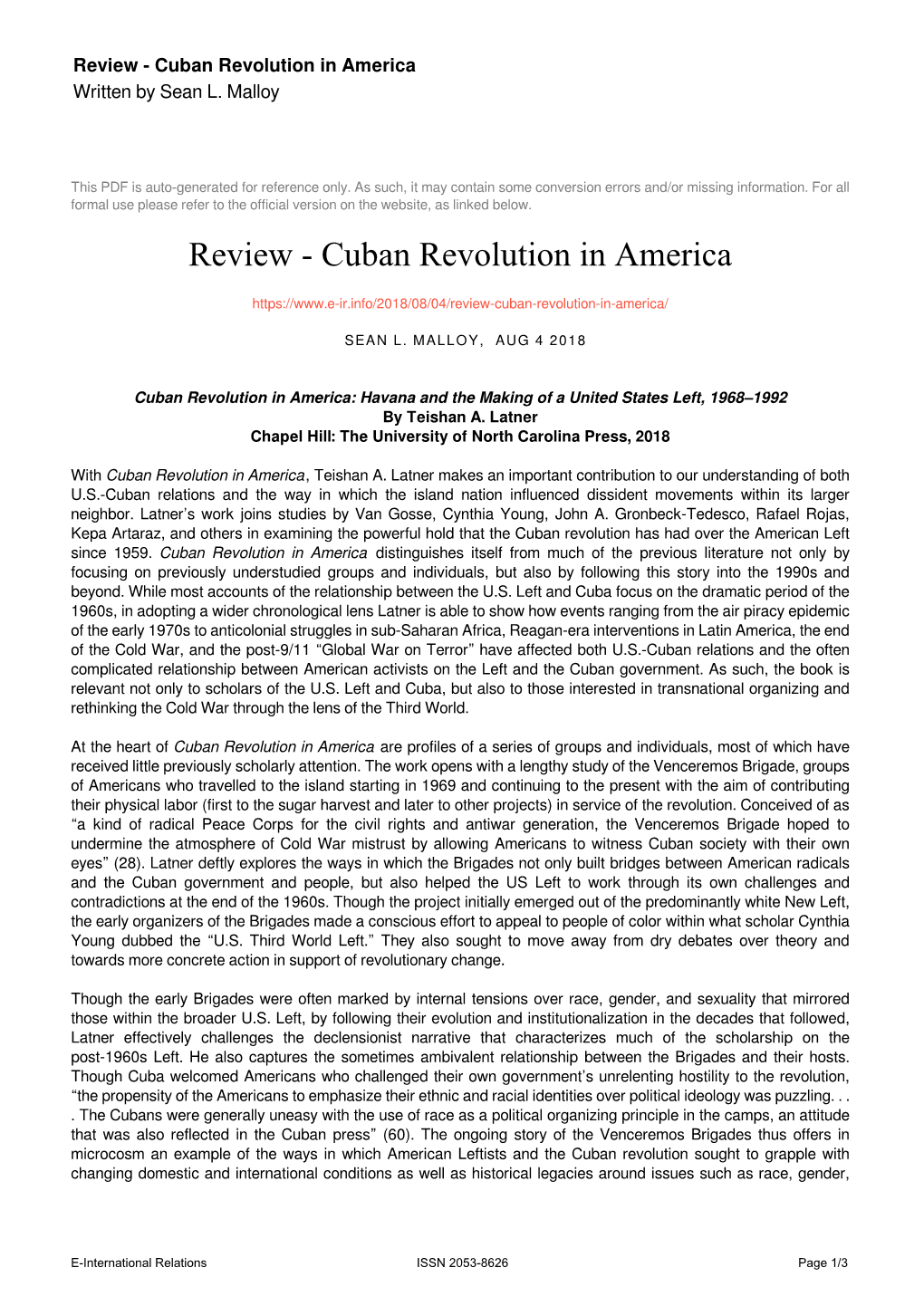 Cuban Revolution in America Written by Sean L