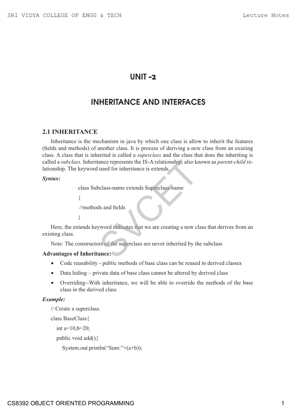 Inheritance and Interfaces Unit