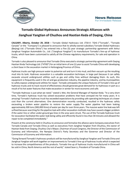 Tornado Global Hydrovacs Announces Strategic Alliances with Jianghuai Yangtian of Chuzhou and Haotian Keda of Daqing, China