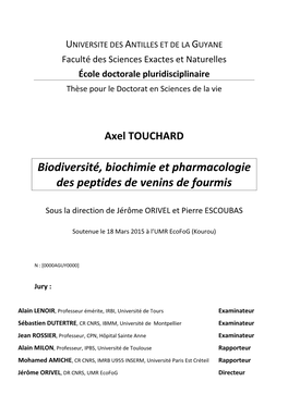Biodiversité, Biochimie Et Pharmacologie Des Peptides De Venins De Fourmis