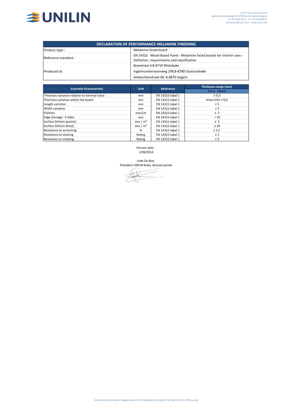 Declaration of Performance Melamine Finishing