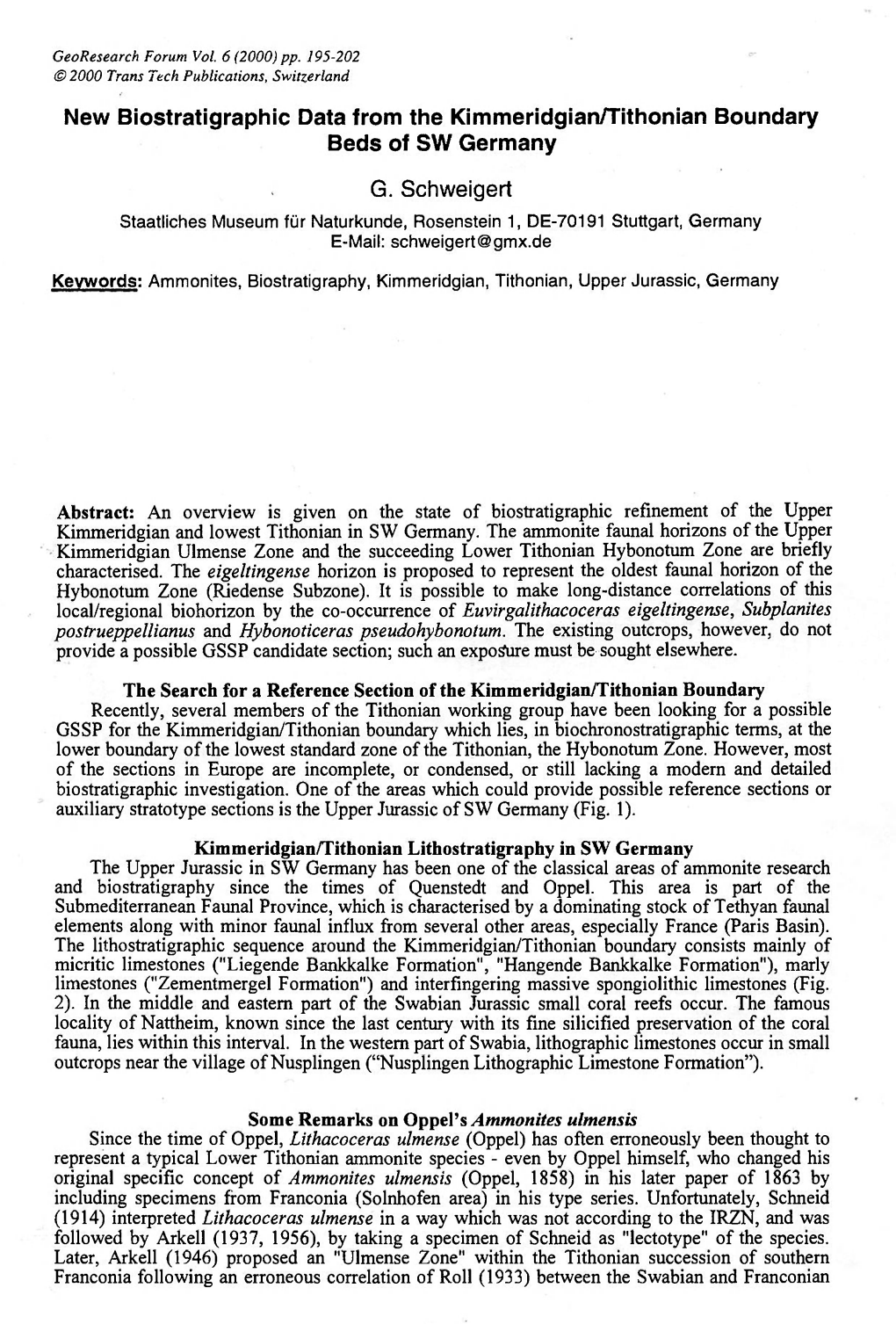 New Biostratigraphic Data from the Kimmeridgian/Tithonian Boundary Beds of SW Germany