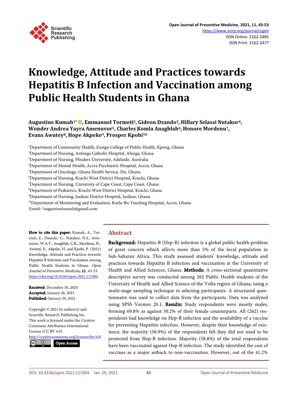 Knowledge, Attitude and Practices Towards Hepatitis B Infection and Vaccination Among Public Health Students in Ghana