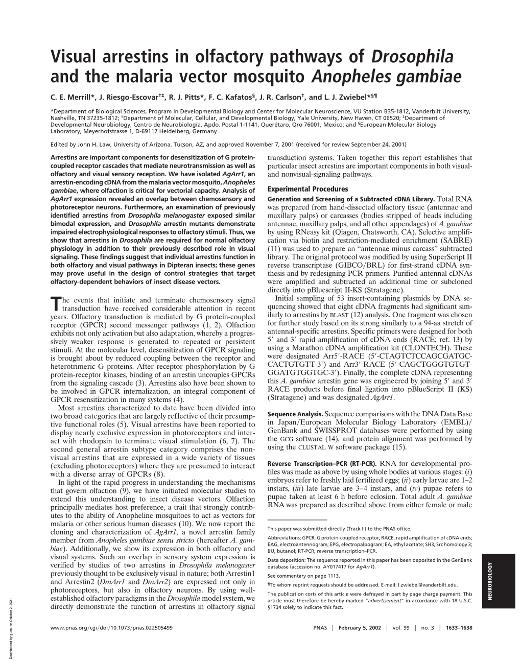 Visual Arrestins in Olfactory Pathways of Drosophila and the Malaria Vector Mosquito Anopheles Gambiae