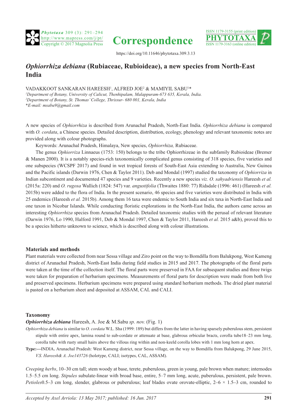 Ophiorrhiza Debiana (Rubiaceae, Rubioideae), a New Species from North-East India