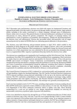 INTERNATIONAL ELECTION OBSERVATION MISSION Republic of Armenia – Early Parliamentary Elections, 9 December 2018 STATEMENT of PRELIMINARY FINDINGS and CONCLUSIONS
