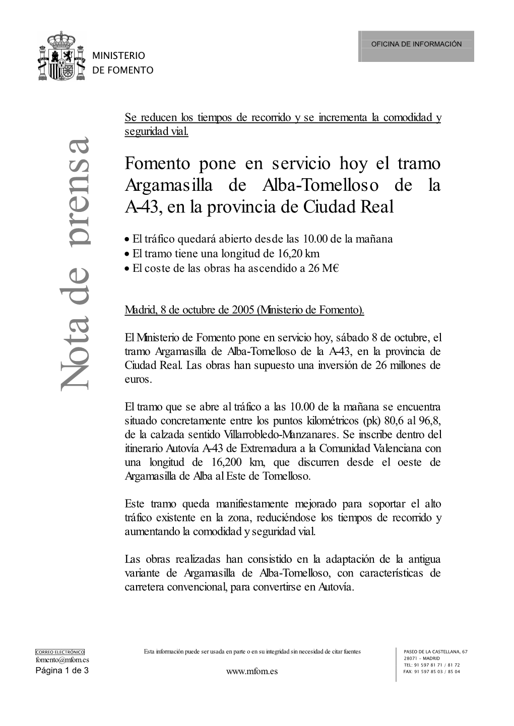 Fomento Pone En Servicio Hoy El Tramo Argamasilla De Alba-Tomelloso De La A-43, En La Provincia De Ciudad Real