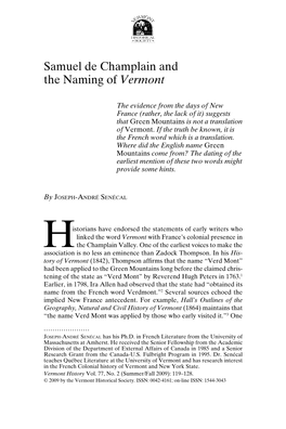 Samuel De Champlain and the Naming of Vermont