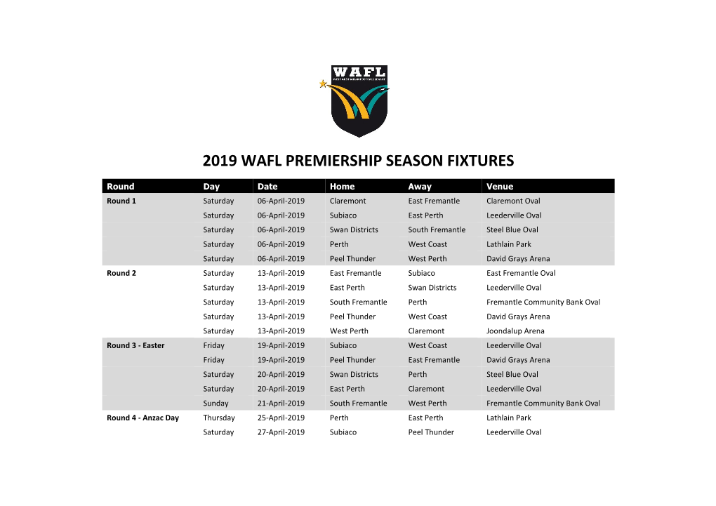 2019 Wafl Premiership Season Fixtures