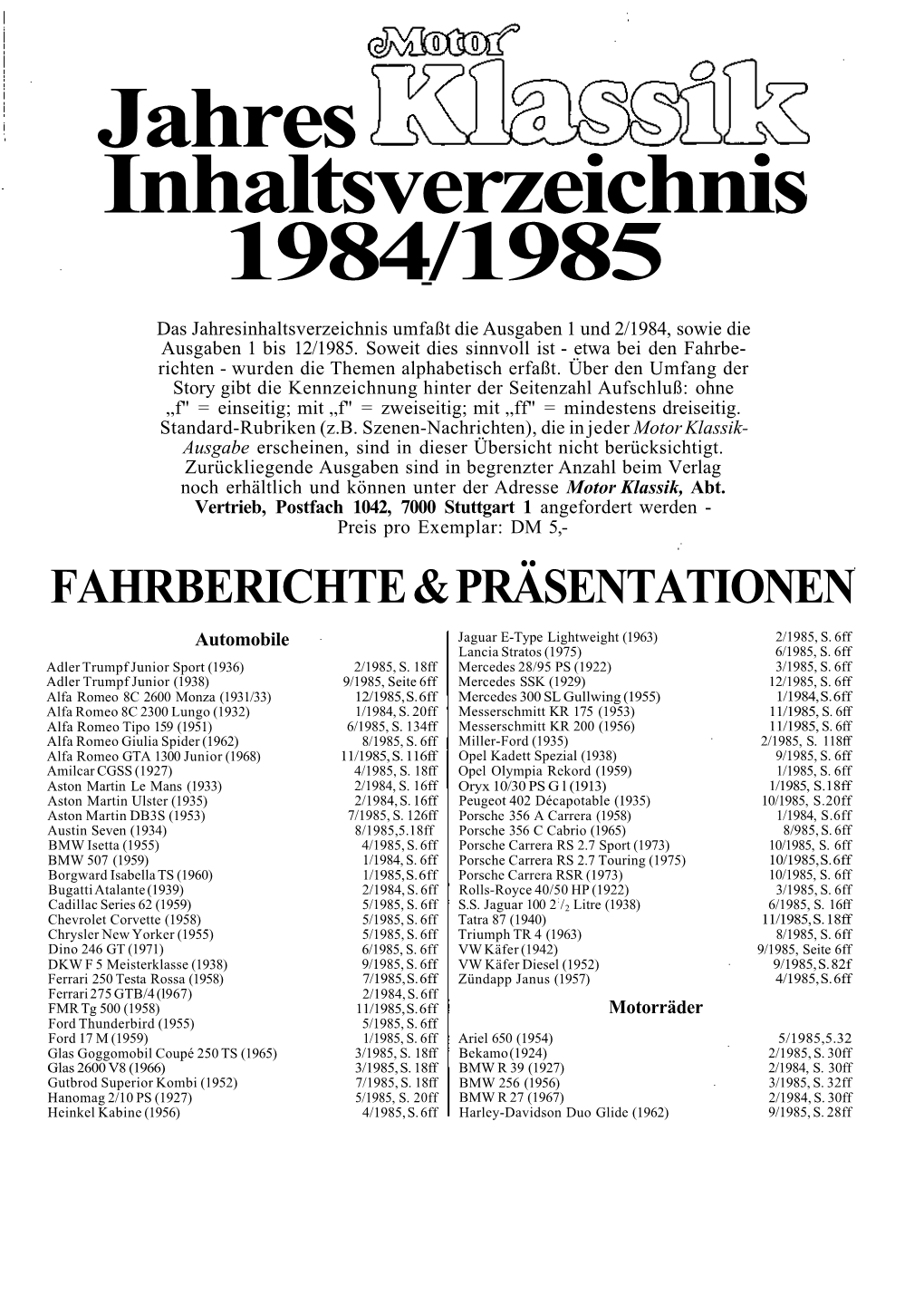 Jahres Inhaltsverzeichnis 1984/1985