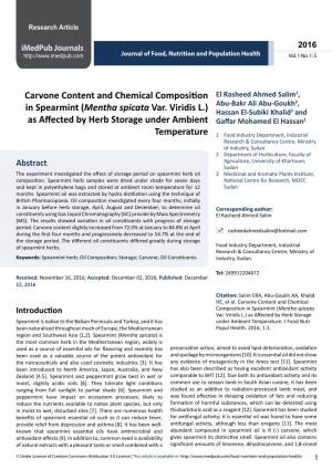 Carvone Content and Chemical Composition in Spearmint (Mentha Spicata Var. Viridis L.) As Affected by Herb Storage Under Ambient
