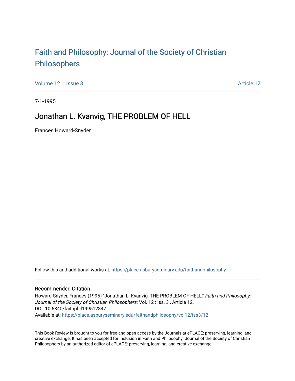 Jonathan L. Kvanvig, the PROBLEM of HELL