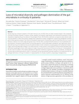 Loss of Microbial Diversity and Pathogen Domination of the Gut Microbiota in Critically Ill Patients