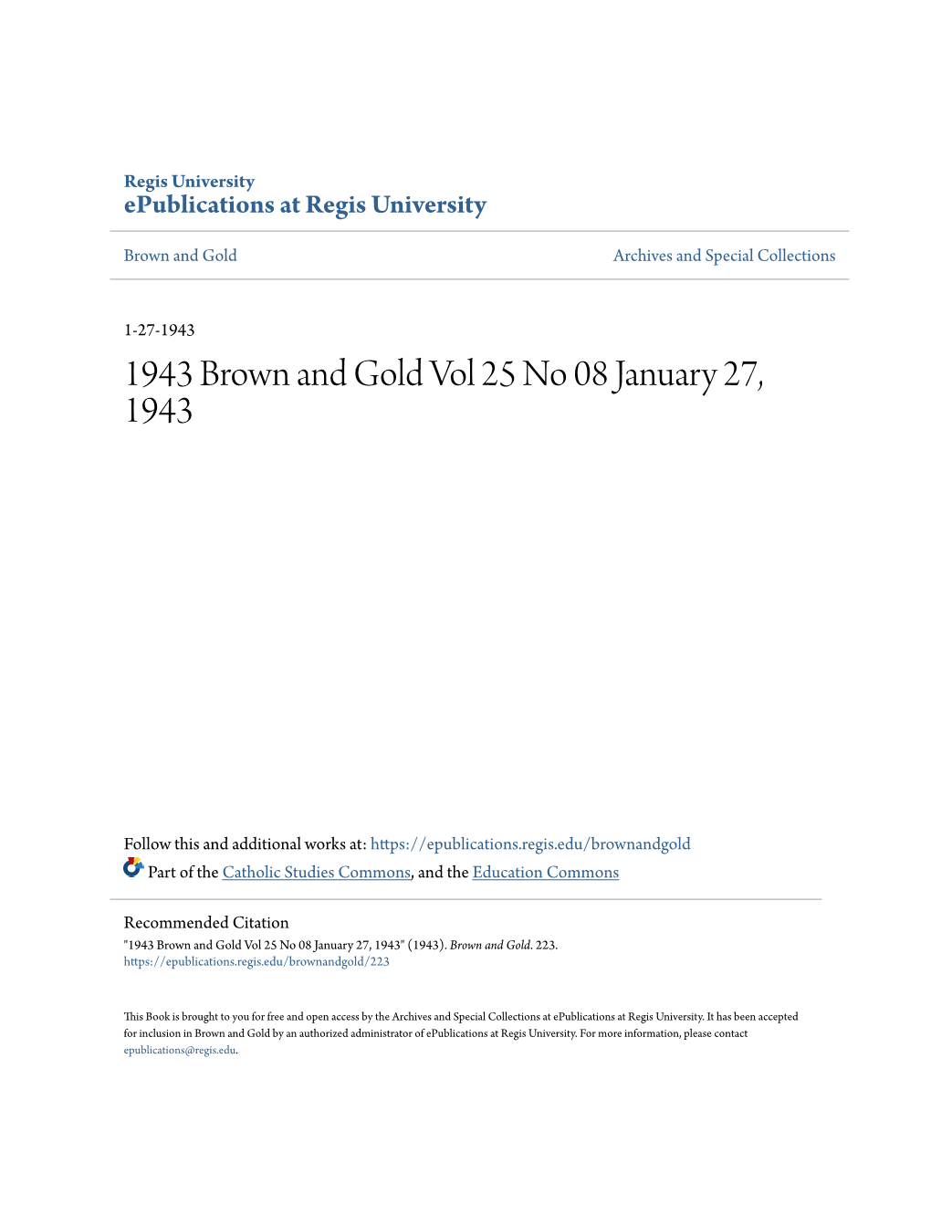 1943 Brown and Gold Vol 25 No 08 January 27, 1943