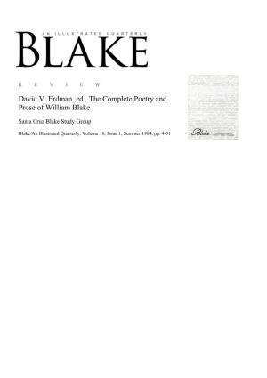 David V. Erdman, Ed., the Complete Poetry and Prose of William Blake
