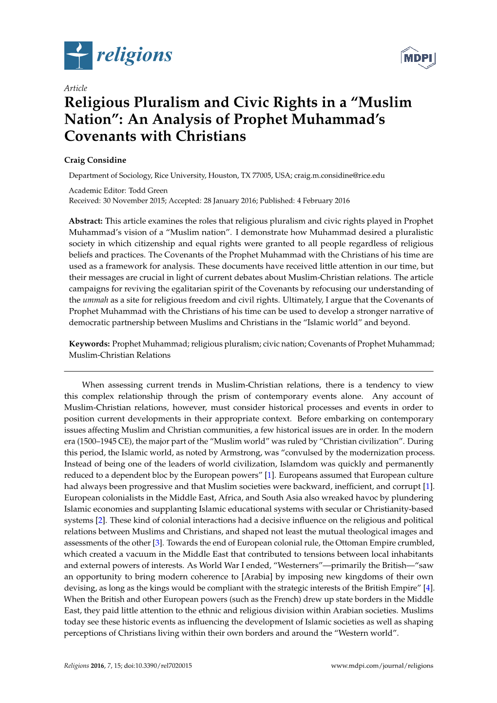 Religious Pluralism and Civic Rights in a “Muslim Nation”: an Analysis of Prophet Muhammad's Covenants with Christians