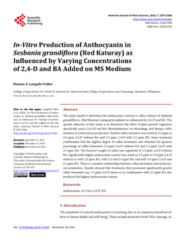 In-Vitro Production of Anthocyanin in Sesbania Grandiflora (Red Katuray) As Influenced by Varying Concentrations of 2,4-D and BA Added on MS Medium