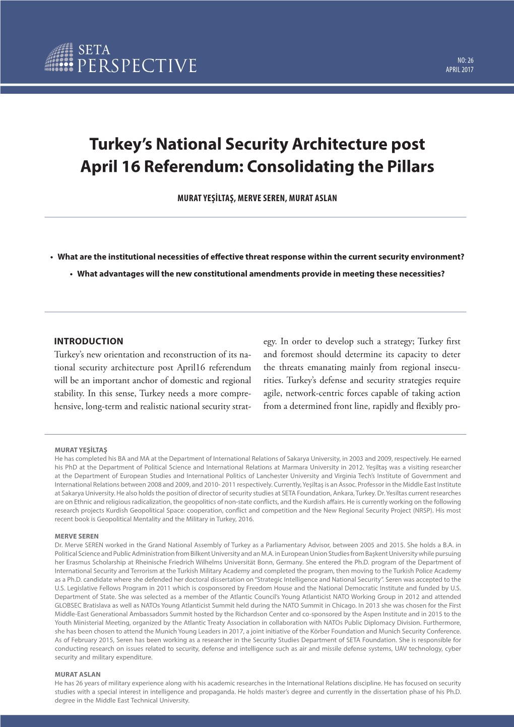 Turkey's National Security Architecture Post April 16 Referendum