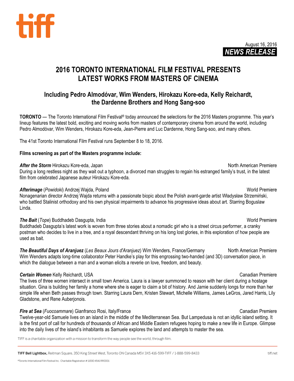 News Release. 2016 Toronto International Film