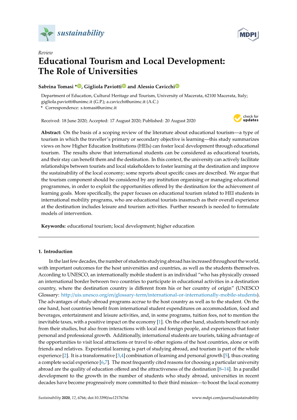 Educational Tourism and Local Development: the Role of Universities
