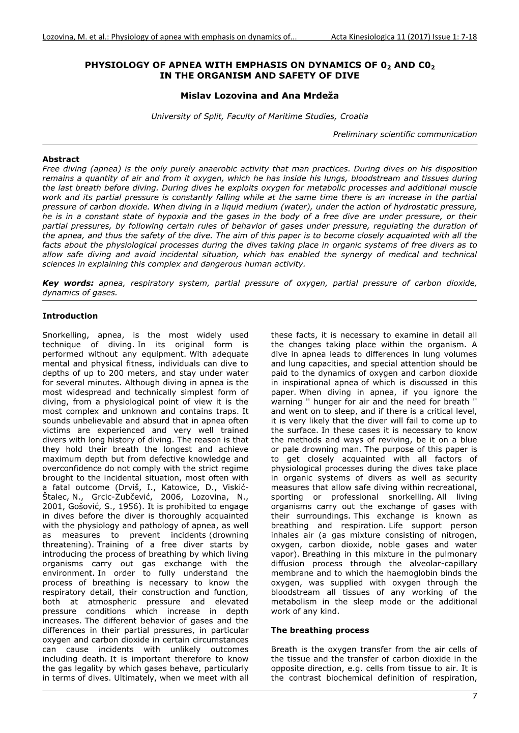 Physiology of Apnea with Emphasis on Dynamics Of