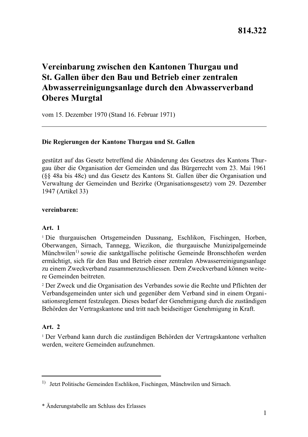 Vereinbarung Zwischen Den Kantonen Thurgau Und St. Gallen Über Den