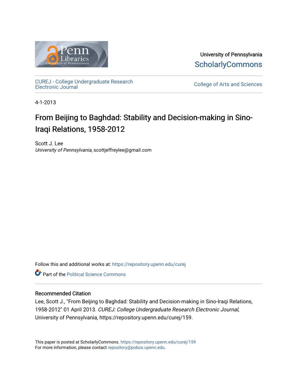 From Beijing to Baghdad: Stability and Decision-Making in Sino- Iraqi Relations, 1958-2012