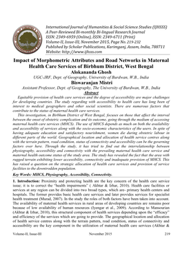 Impact of Morphometric Attributes and Road Networks in Maternal Health Care Services of Birbhum District, West Bengal Alokananda Ghosh UGC-JRF, Dept