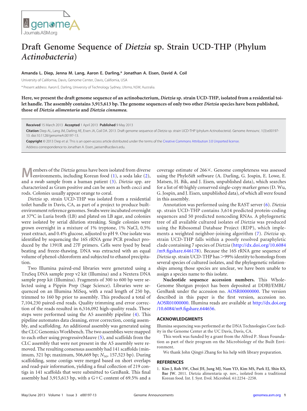 Draft Genome Sequence of Dietzia Sp. Strain UCD-THP (Phylum Actinobacteria)