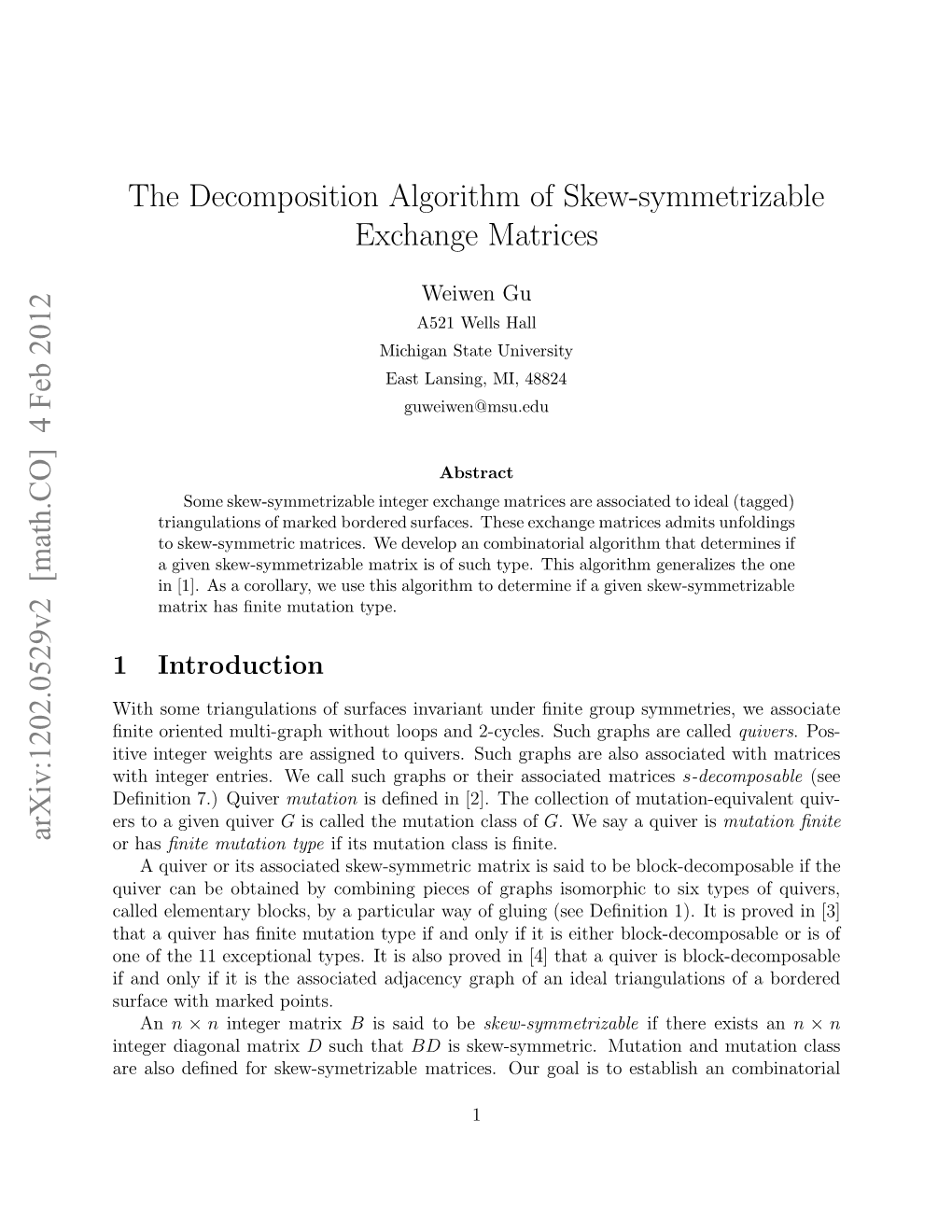 The Decomposition Algorithm of Skew-Symmetrizable Exchange Matrices