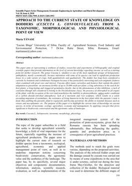 Cuscuta L. Convolvulaceae) from a Taxonomic, Morphological and Physiological Point of View