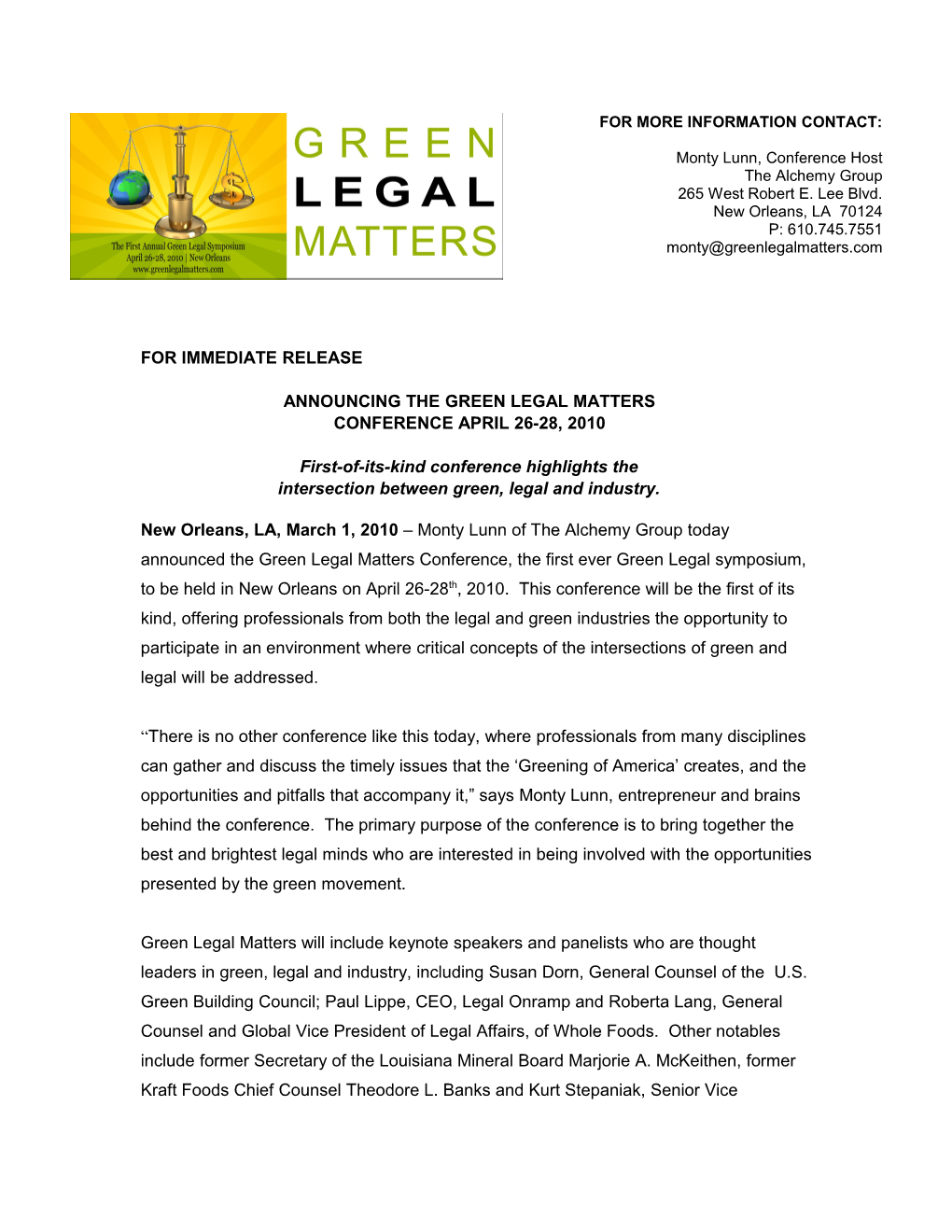 Announcing the Green Legal Matters Conference April 26-28, 2010