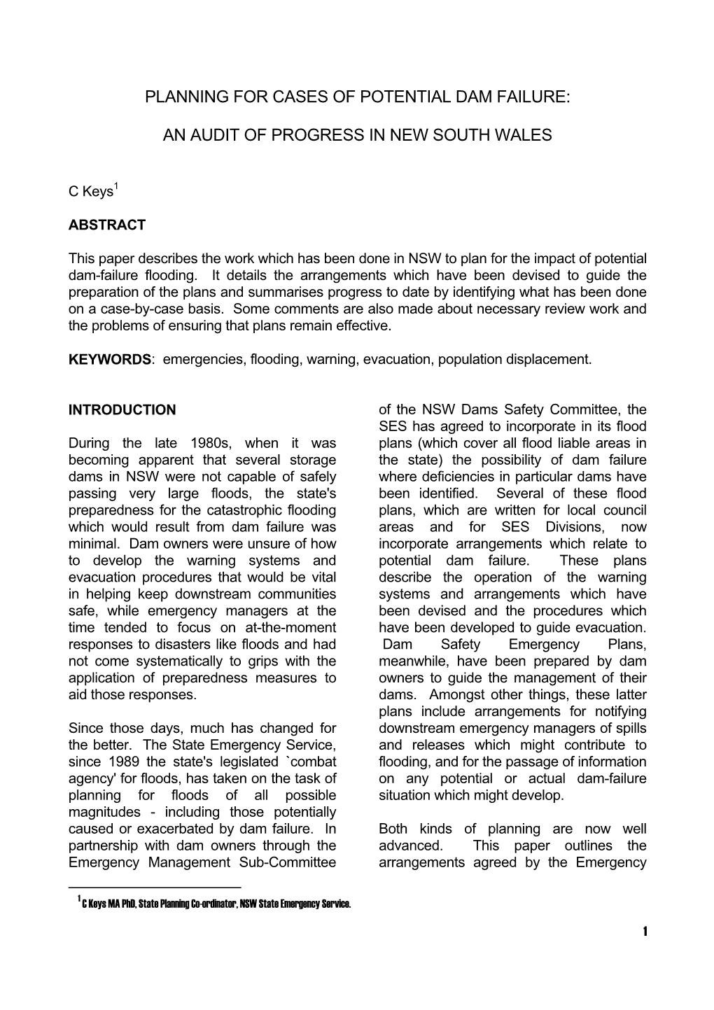 Planning for Cases of Potential Dam Failure: an Audit of Progress in New