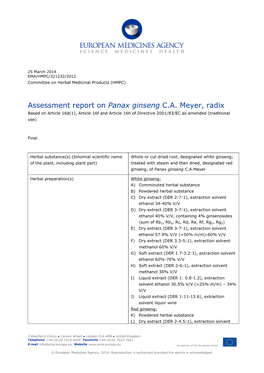 Assessment Report on Panax Ginseng C.A. Meyer, Radix Based on Article 16D(1), Article 16F and Article 16H of Directive 2001/83/EC As Amended (Traditional Use)