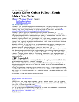 Angola Offers Cuban Pullout, South Africa Sees Talks PRINT EMAIL SAVE TEXT • U.S