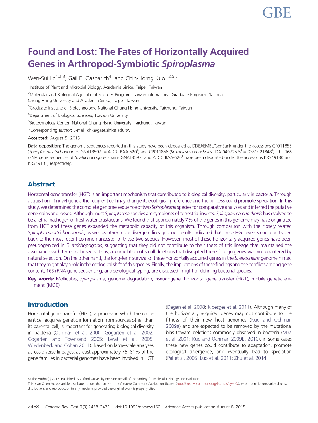 Found and Lost: the Fates of Horizontally Acquired Genes in Arthropod-Symbiotic Spiroplasma