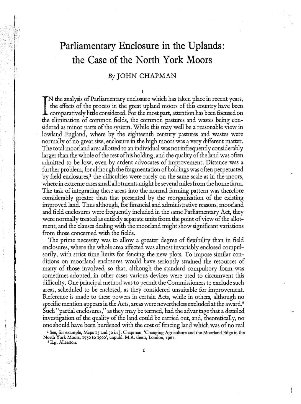 Parliamentary Enclosure in the Uplands: the Case of the North York Moors