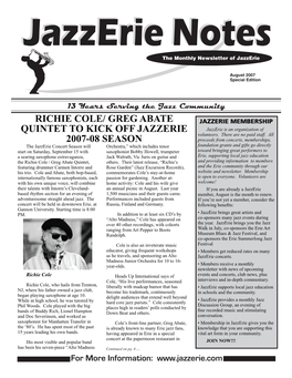 RICHIE COLE/ GREG ABATE JAZZERIE MEMBERSHIP QUINTET to KICK OFF JAZZERIE Jazzerie Is an Organization of Volunteers