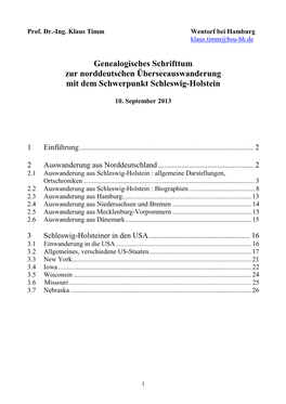Genealogisches Schrifttum Zur Norddeutschen Überseeauswanderung Mit Dem Schwerpunkt Schleswig-Holstein
