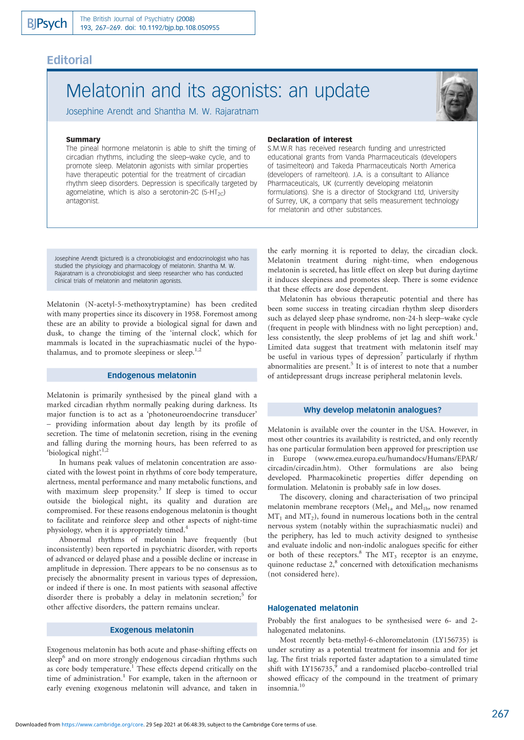 Melatonin and Its Agonists: an Update Josephine Arendt and Shantha M