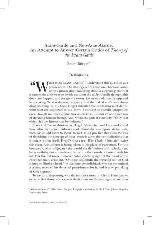 An Attempt to Answer Certain Critics of Theory of the Avant-Garde