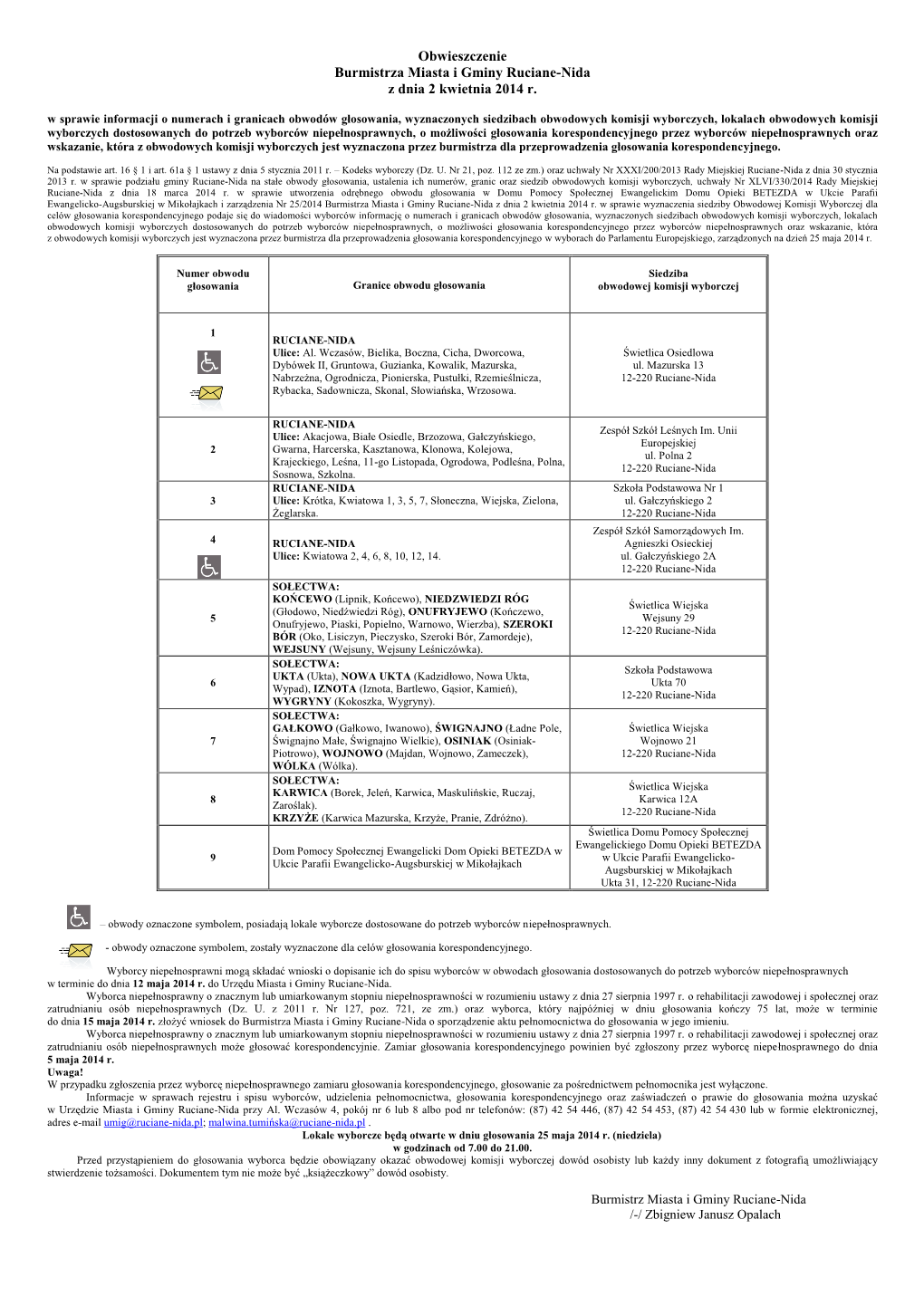 Obwieszczenie Burmistrza Miasta I Gminy Ruciane-Nida Z Dnia 2 Kwietnia 2014 R