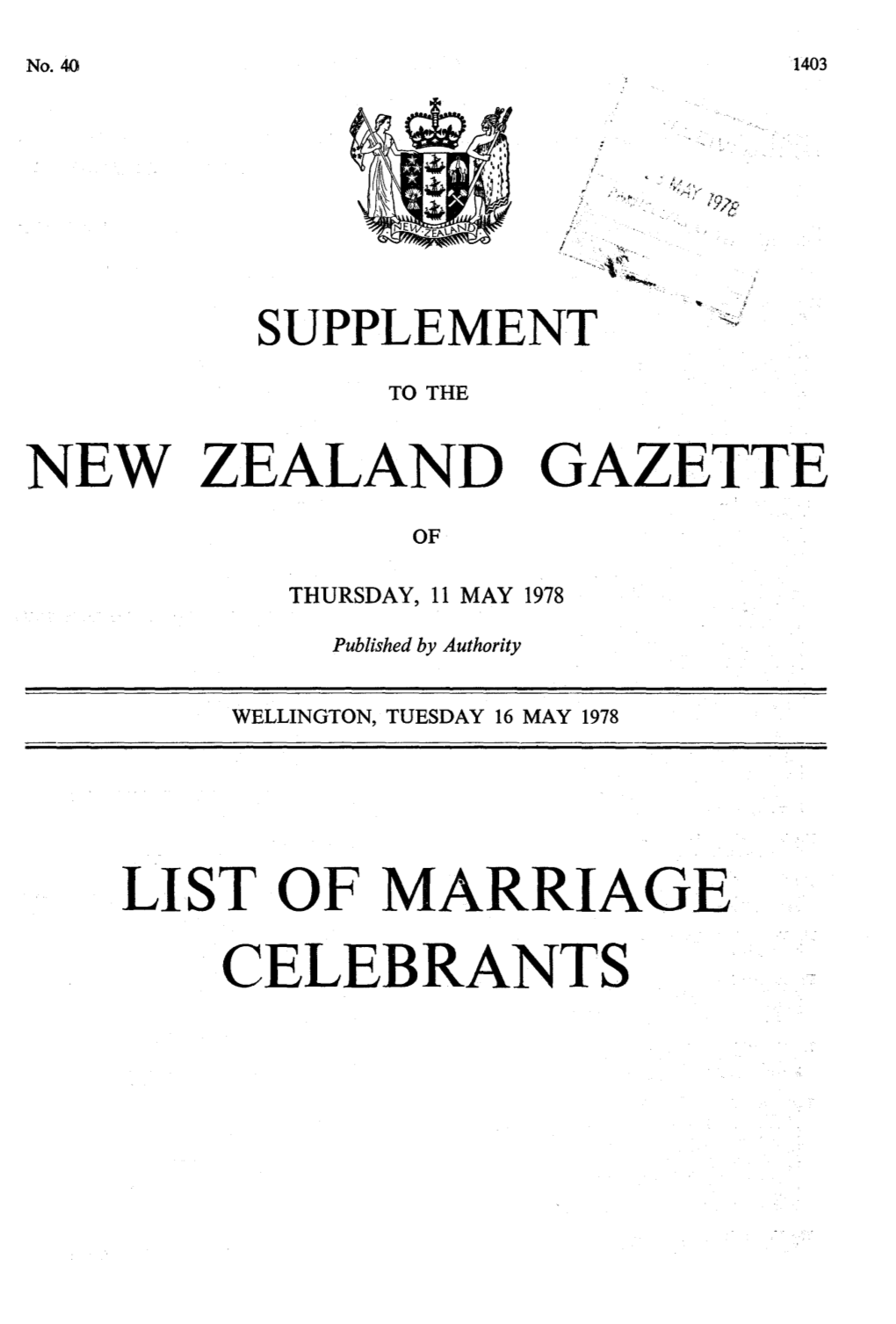 New Zealand Gazette List of Marriage Celebrants