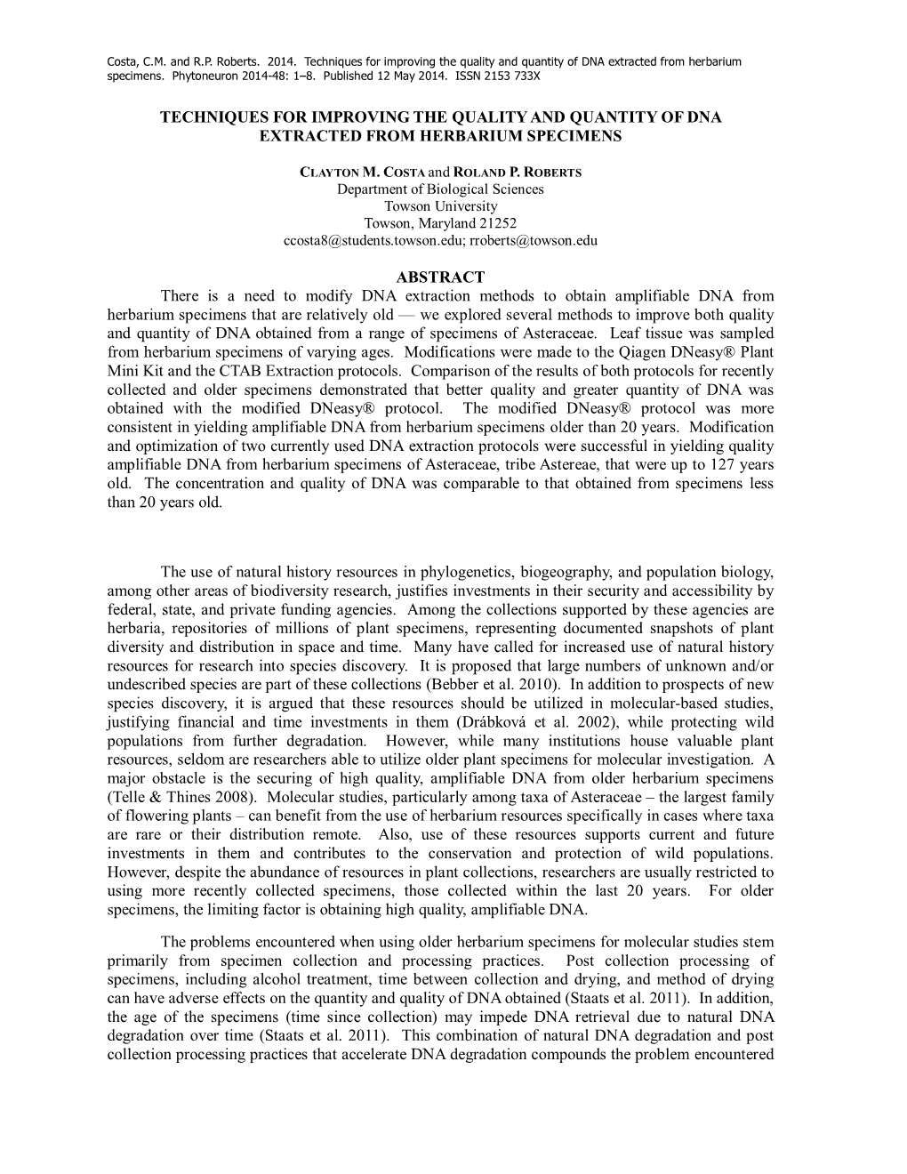 Techniques for Improving the Quality and Quantity of DNA Extracted from Herbarium Specimens