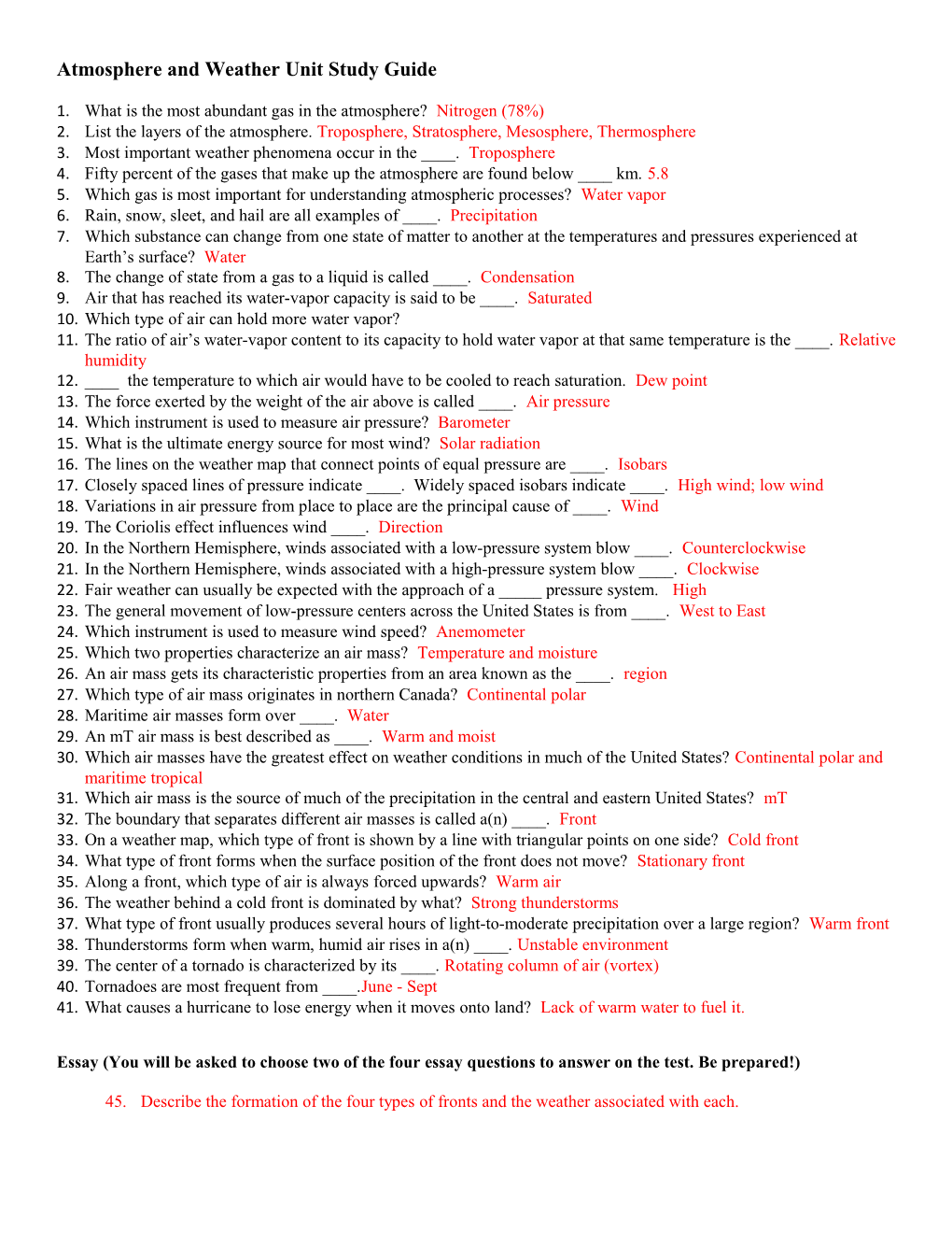 Atmosphere and Weather Unit Study Guide