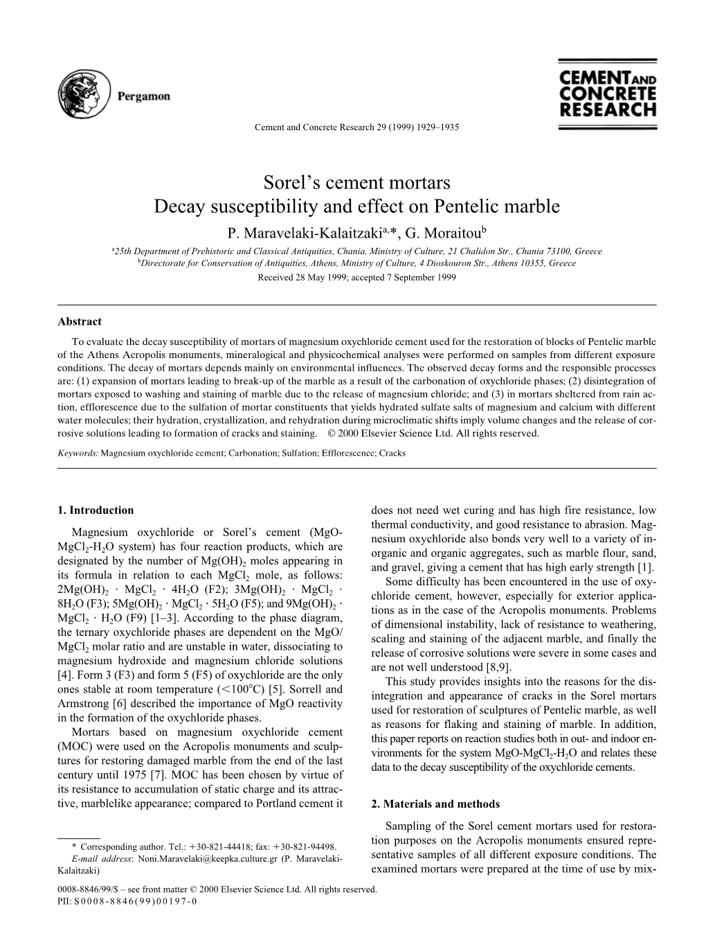 Sorel's Cement Mortars Decay Susceptibility and Effect on Pentelic