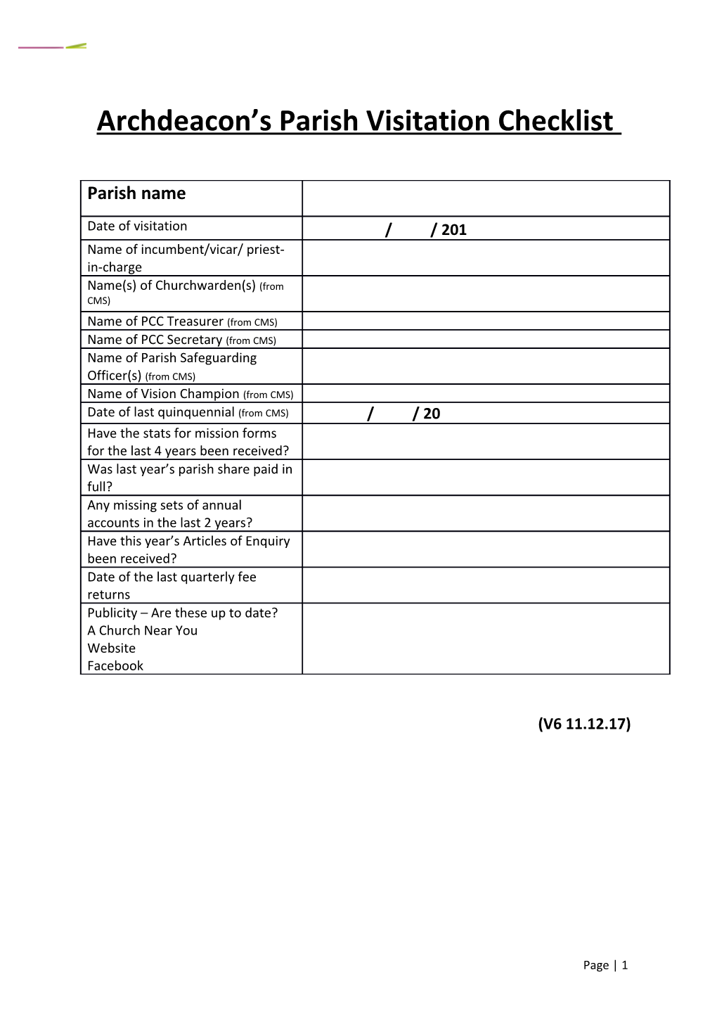 Archdeacon S Parish Visitation Checklist